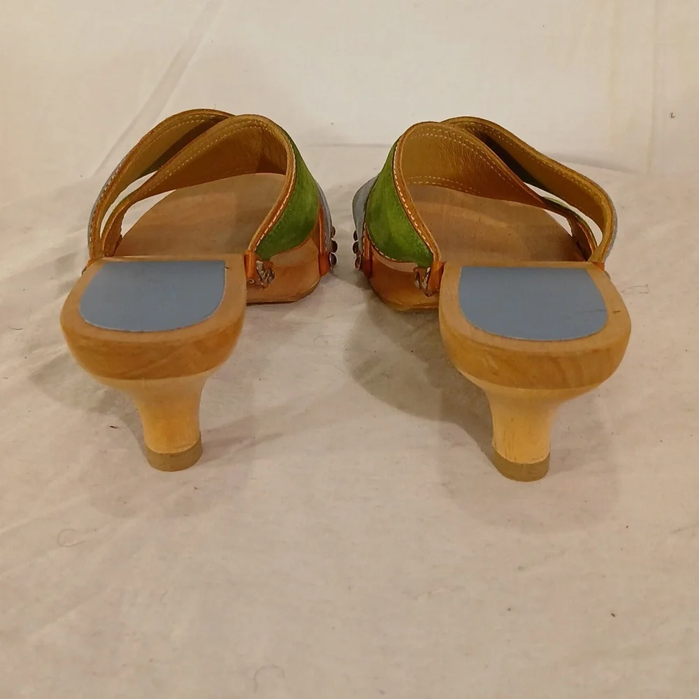 Stunning Coach Blue & Green Seude Wood Studded Mule/Sandal - Picture 7 of 16